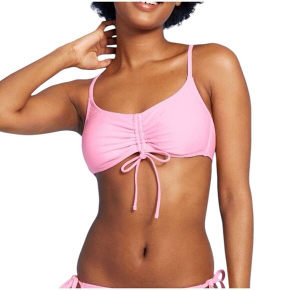 NEW Wild Fable Ruched Drawstring Front Bralette Pink Bikini Top XXS - Picture 1 of 9